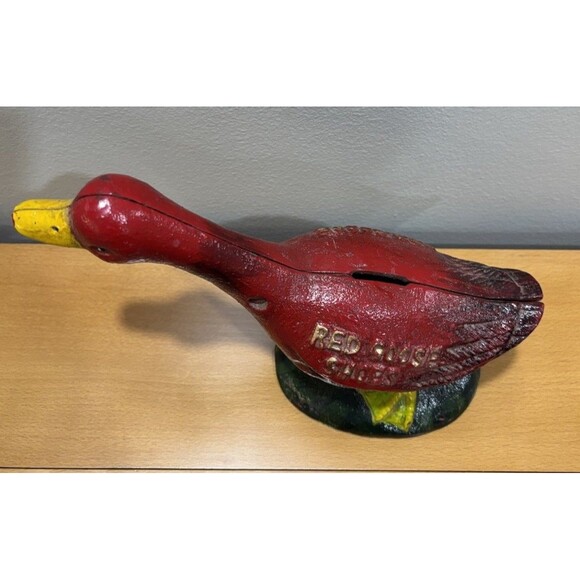 Vintage Red Goose Shoes Advertising Heavy Cast Iron Coin Bank - Picture 4 of 9